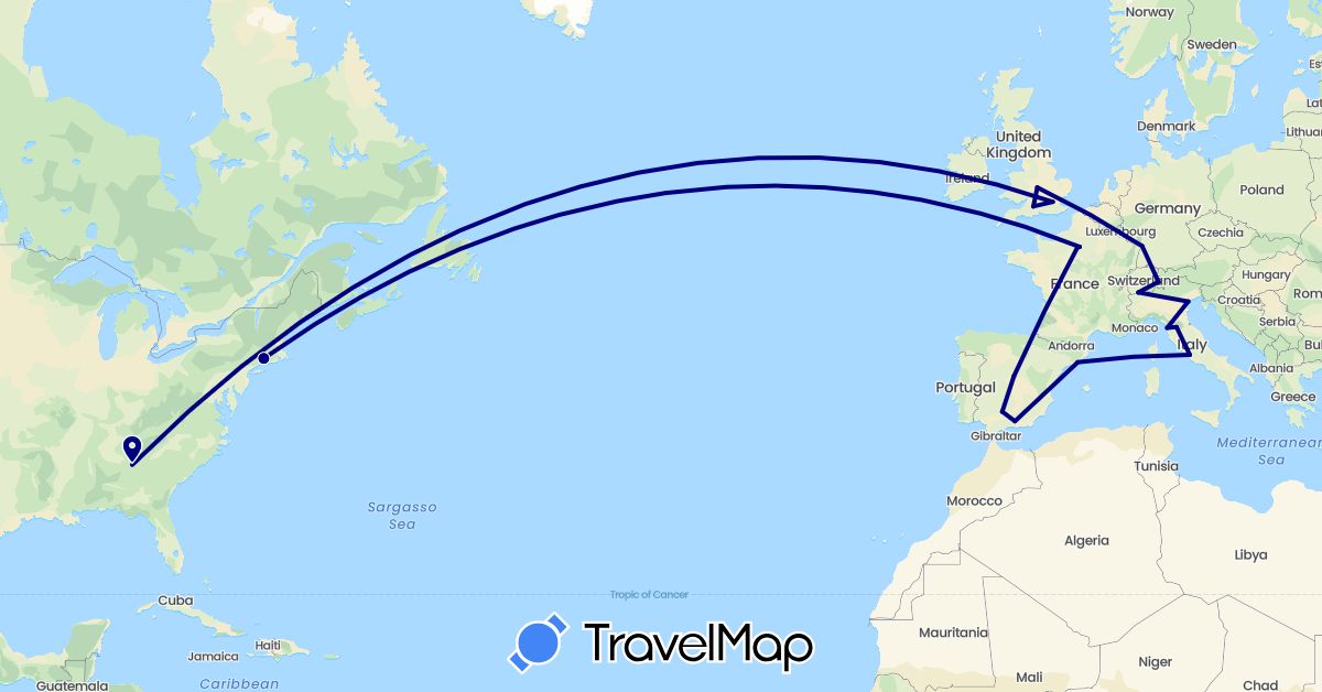 TravelMap itinerary: driving in Switzerland, Spain, France, United Kingdom, Italy, United States (Europe, North America)